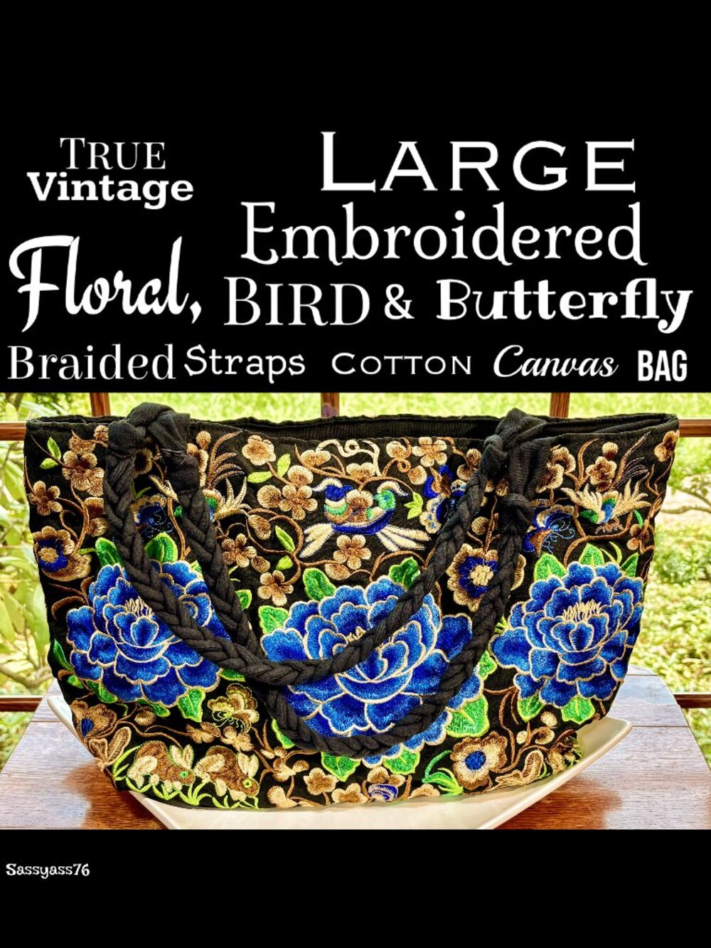 🆕VTG▪️Large Embroidered Floral Bird Butterfly Braided Straps Cotton Canvas Bag
